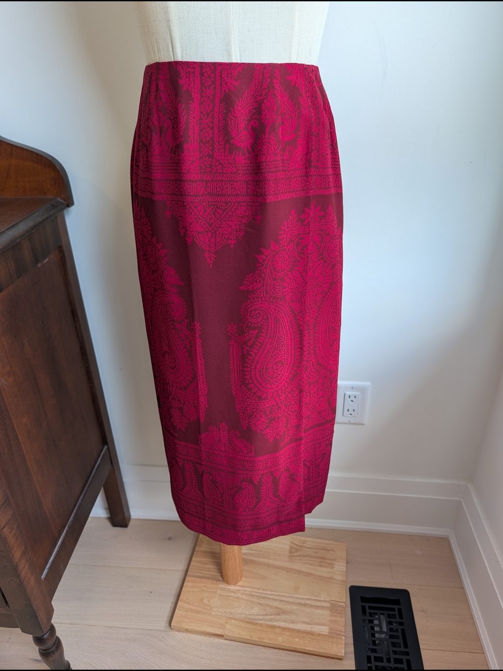 Vintage Silk Red Paisley Midi Skirt